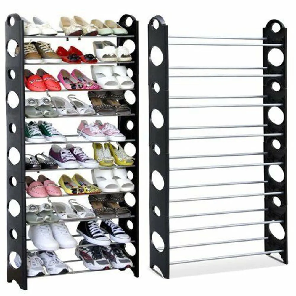 10 Tier Black Shoe Stackable Storage Rack - Capacity for 30 Pairs Shoes