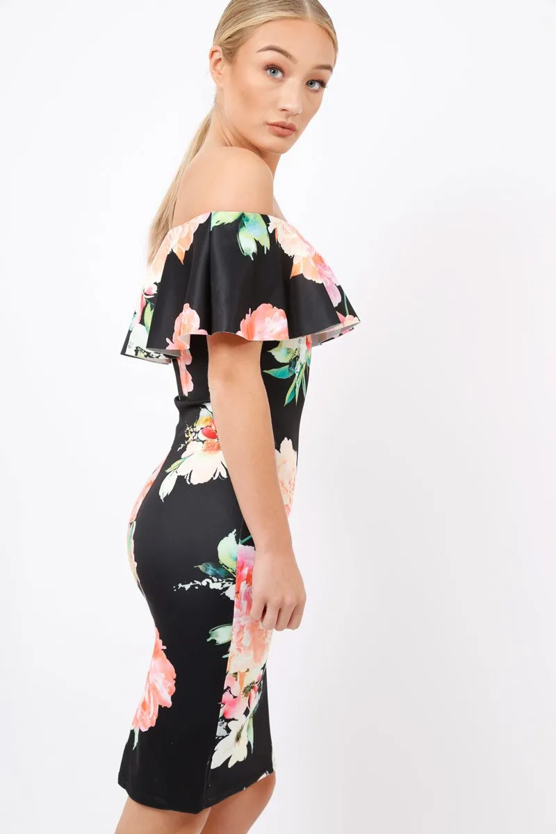 Black Floral Bardot dress - Martina