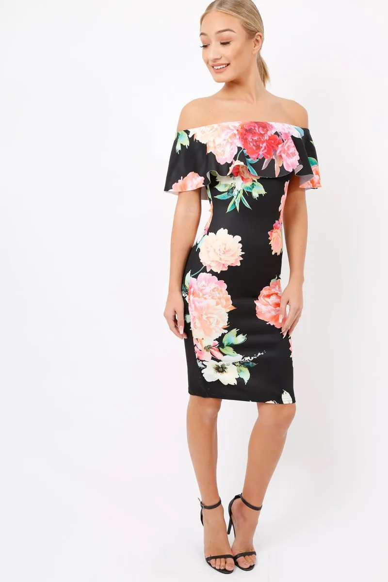 Black Floral Bardot dress - Martina