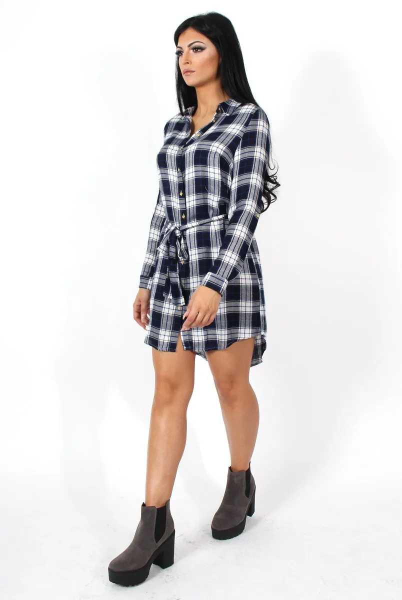 Darla Navy And White Checked Shirt Dress