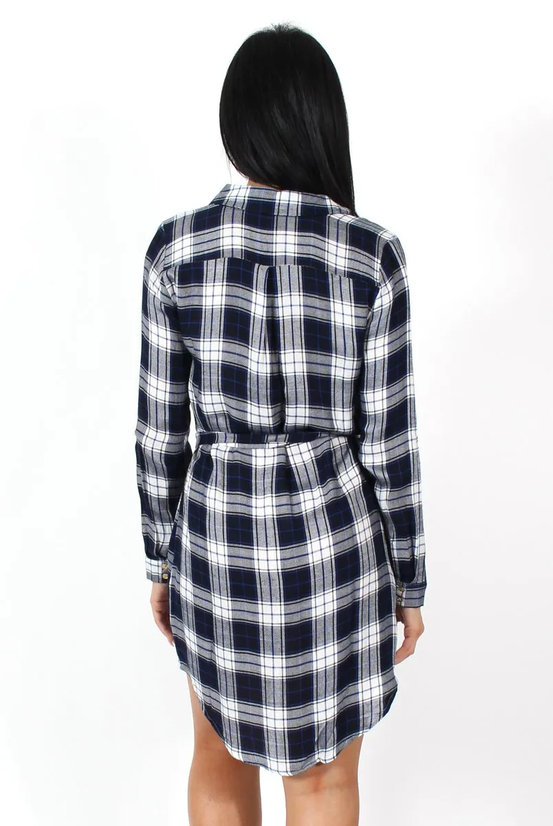 Darla Navy And White Checked Shirt Dress