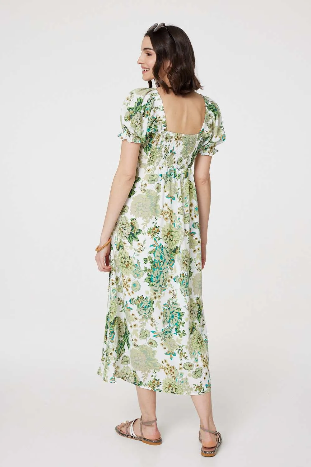 Floral Tie-Front Short Sleeve Midi Dress