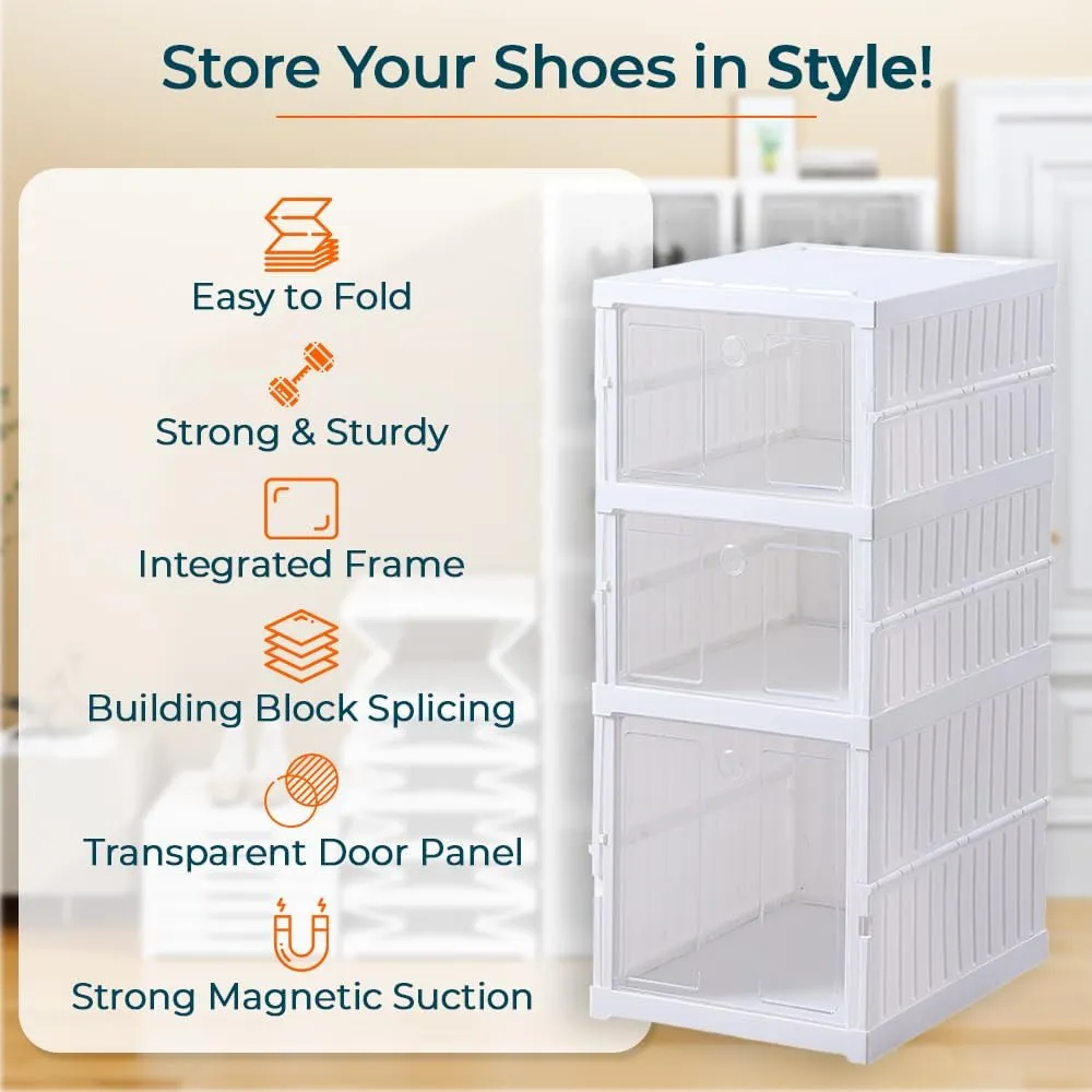 Kuber Industries 3 Layer Shoe Box for Storage|Multi-Purpose Plastic Shoe Rack|Installation Free Shoe Organizer|Pack of 5|White|