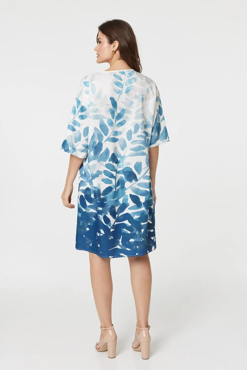 Leaf Print 3/4 Sleeve Relaxed Shift Dress