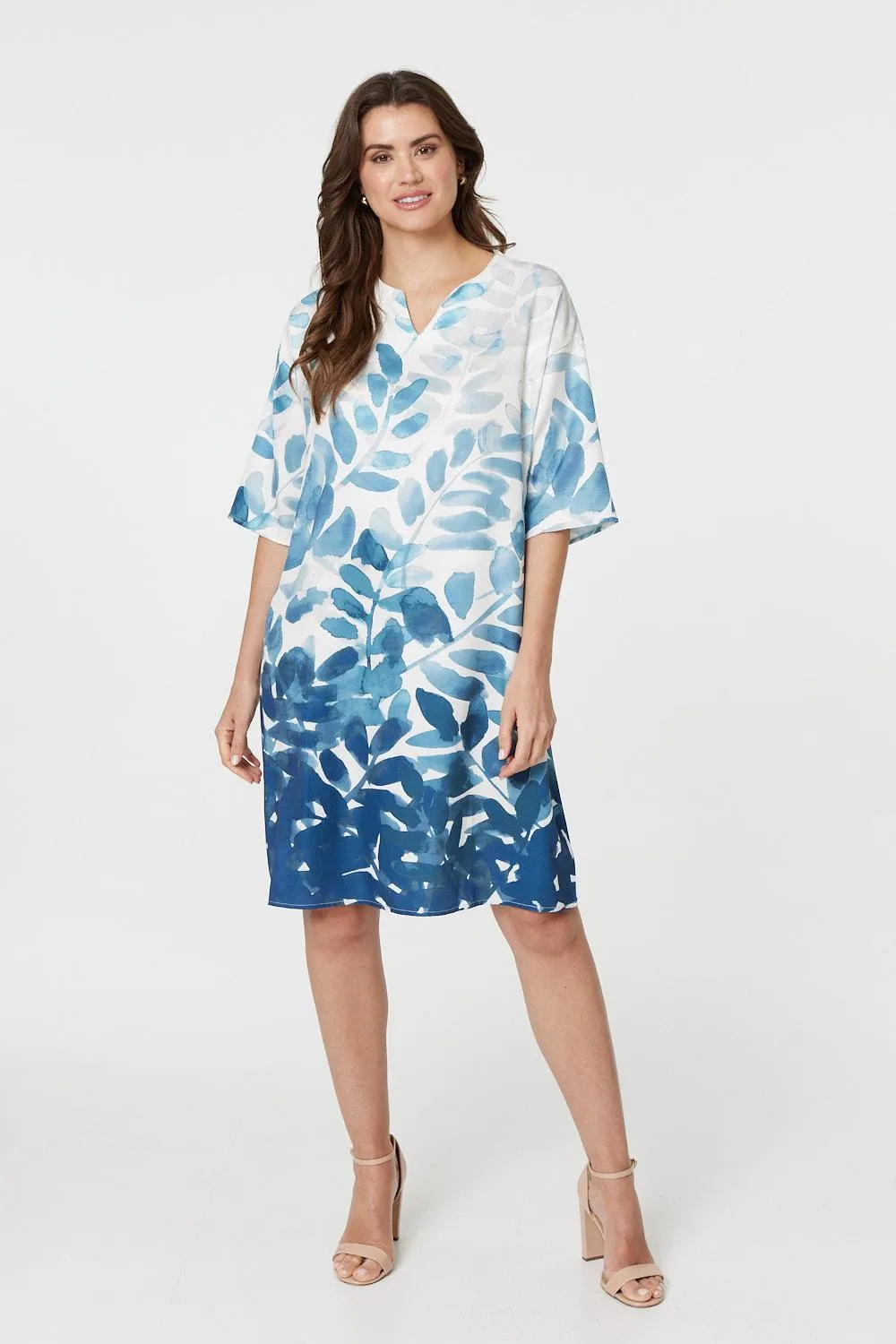 Leaf Print 3/4 Sleeve Relaxed Shift Dress