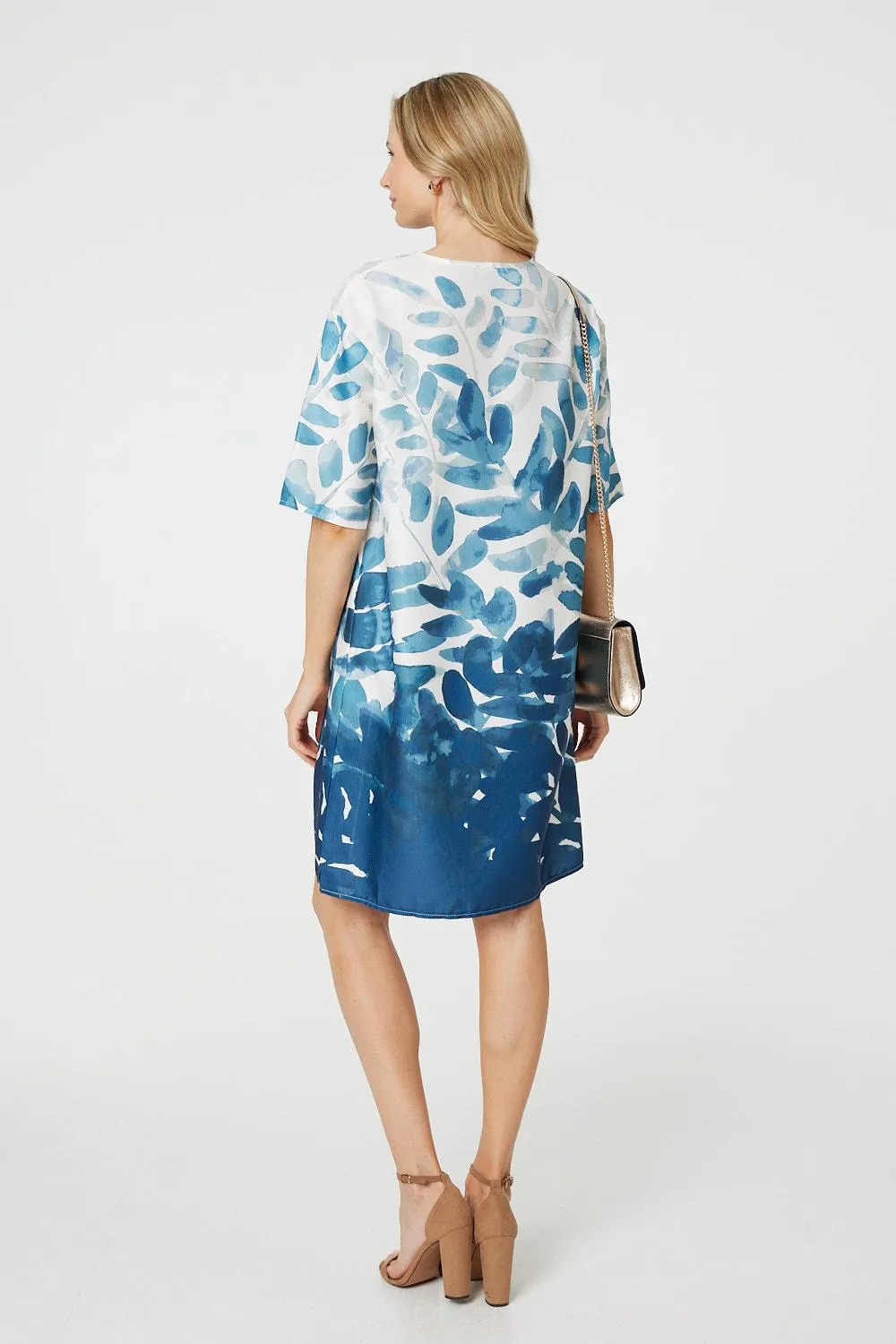 Leaf Print 3/4 Sleeve Relaxed Shift Dress