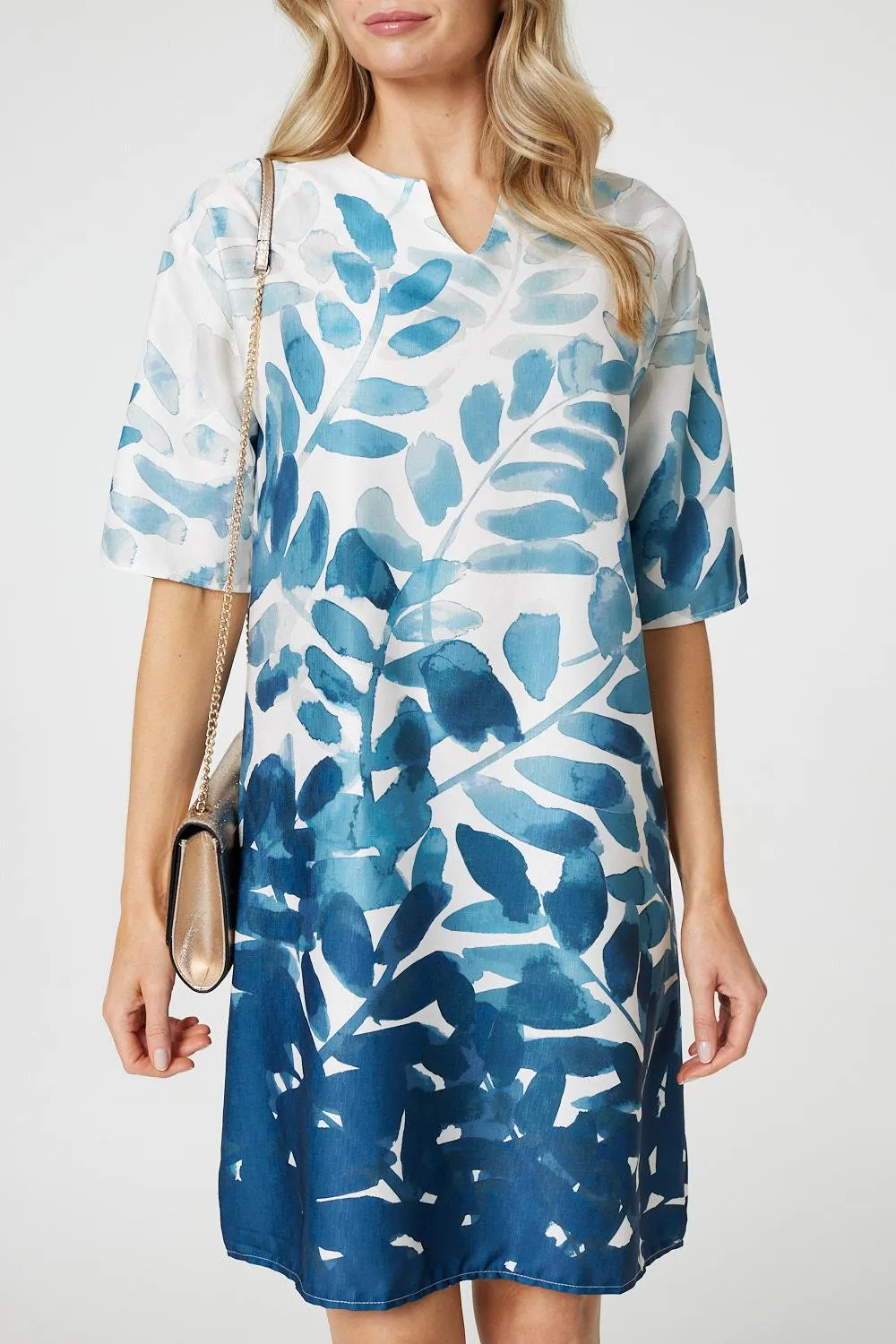 Leaf Print 3/4 Sleeve Relaxed Shift Dress