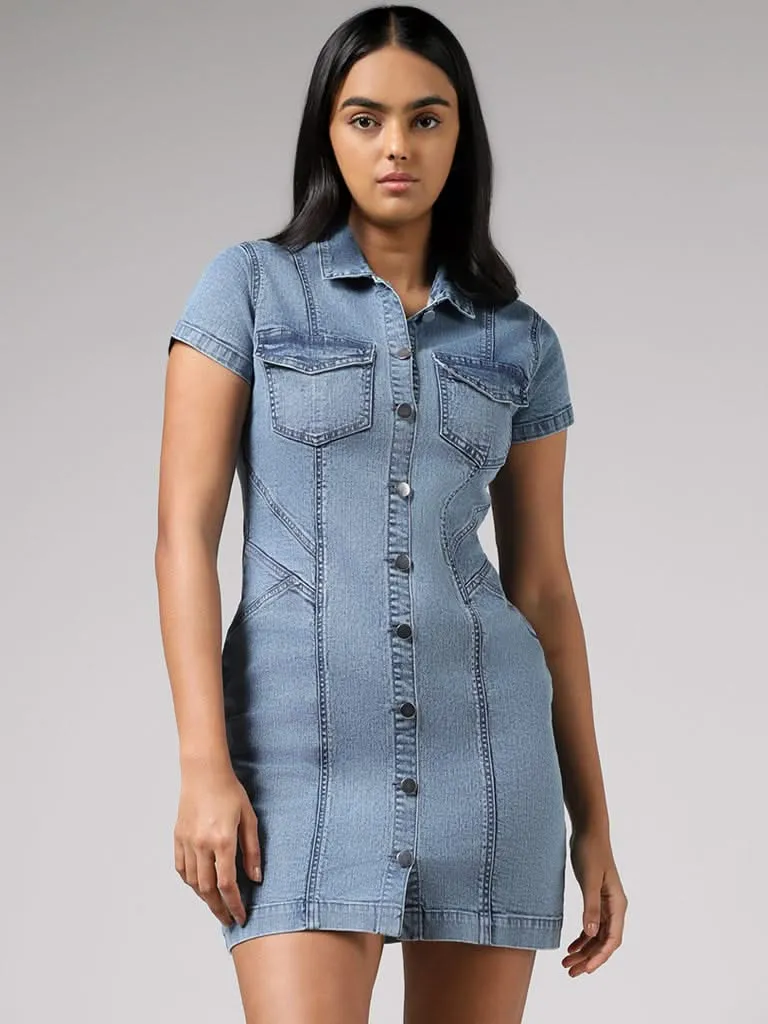 Nuon Light Blue Denim Mini Shirt Dress