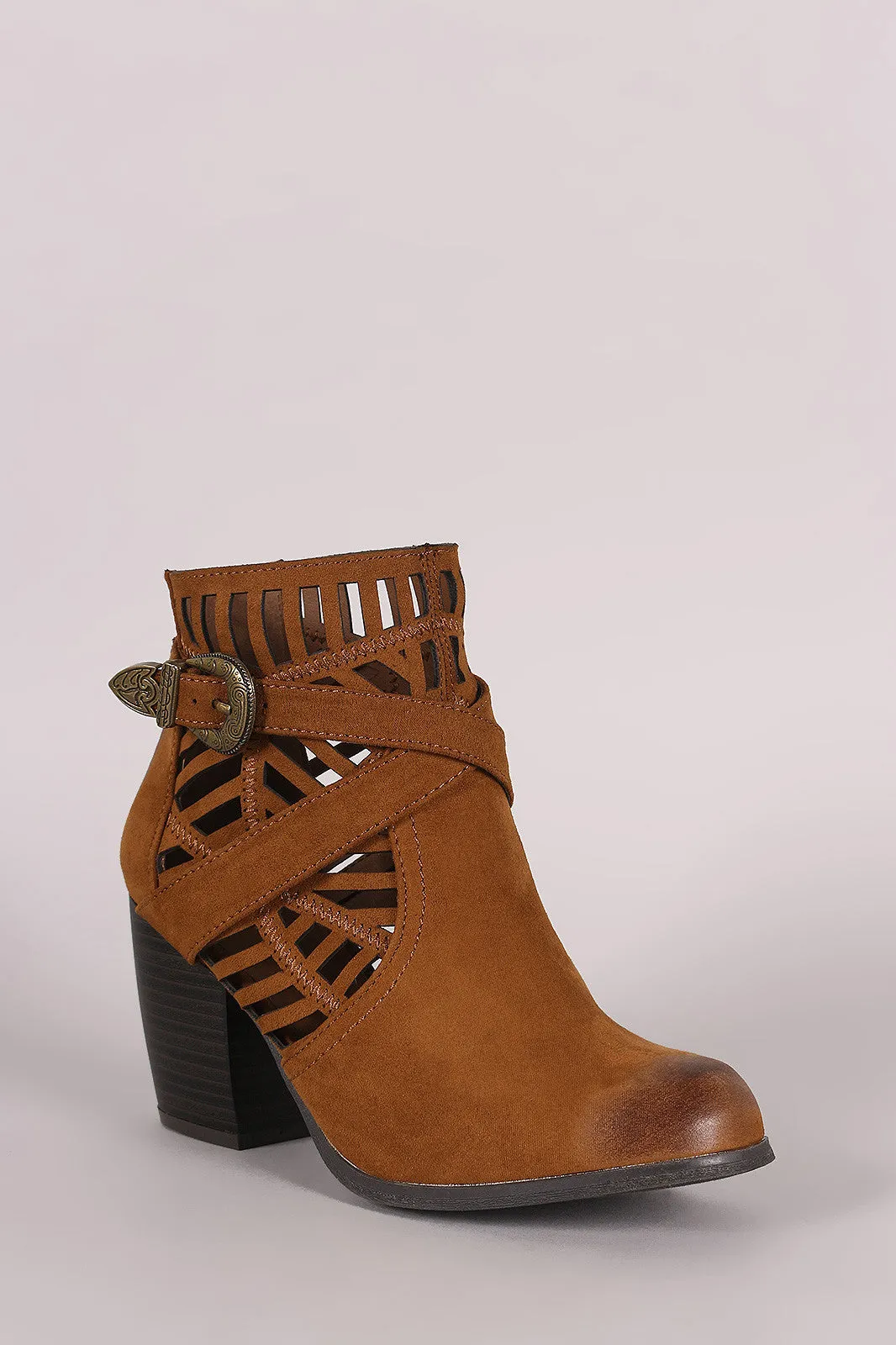 Qupid Suede Geo Cutout Buckled Chunky Heeled Booties