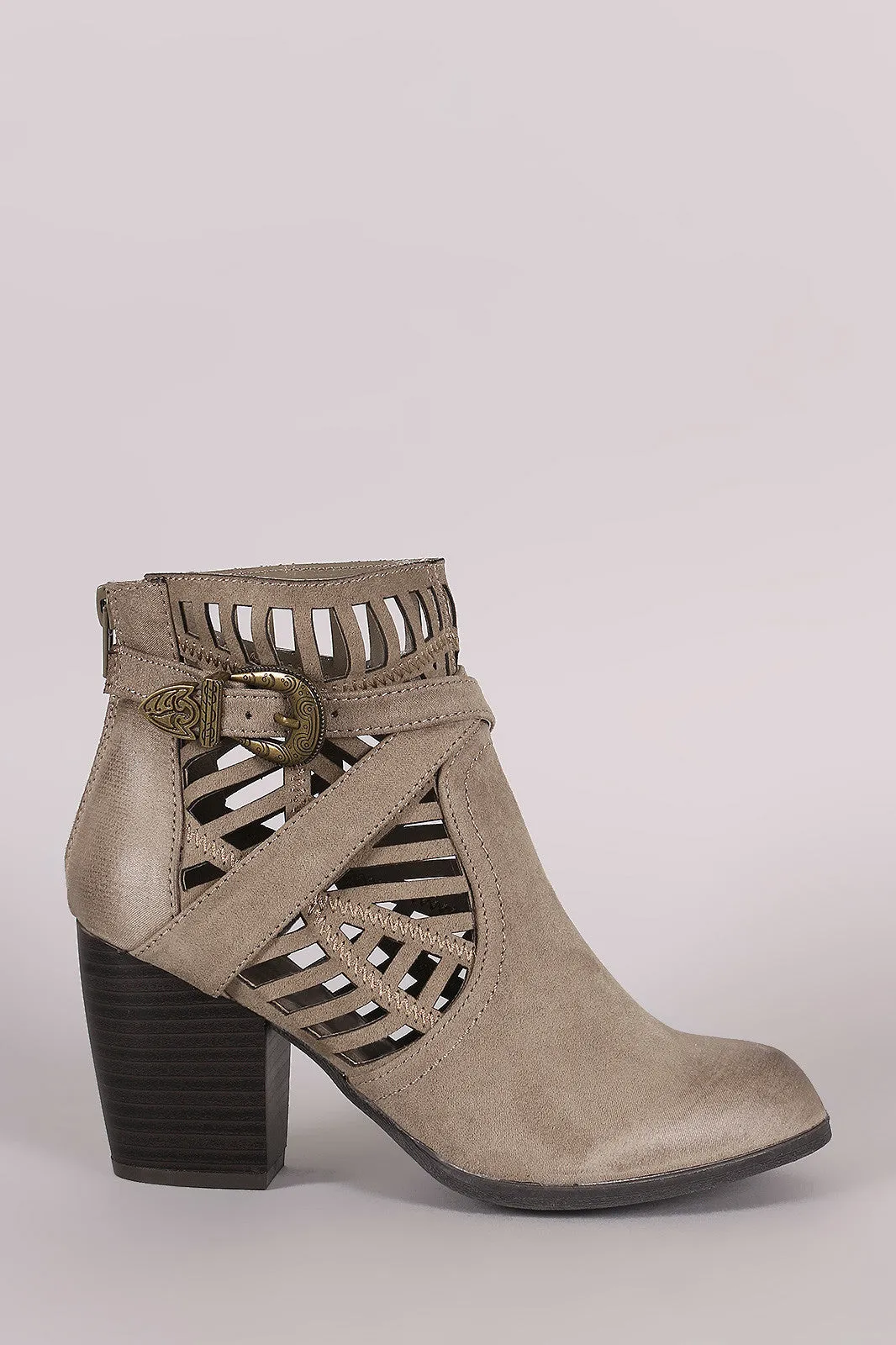 Qupid Suede Geo Cutout Buckled Chunky Heeled Booties