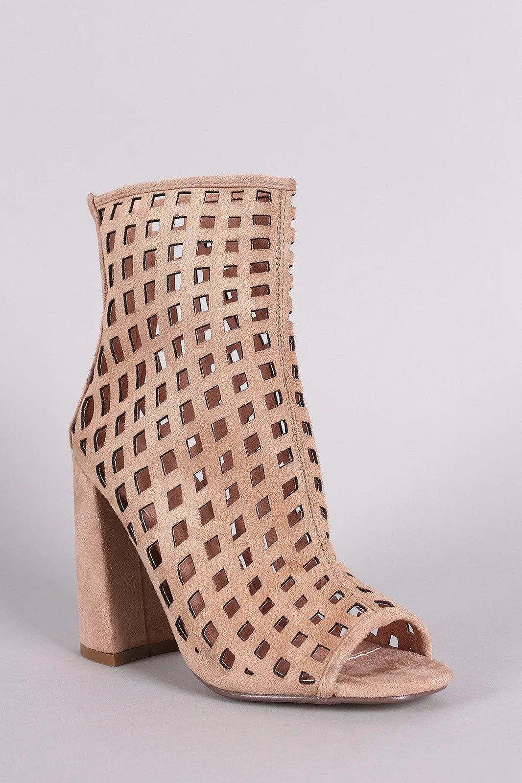 Riki - Suede Perforated Peep Toe Chunky Heeled Booties