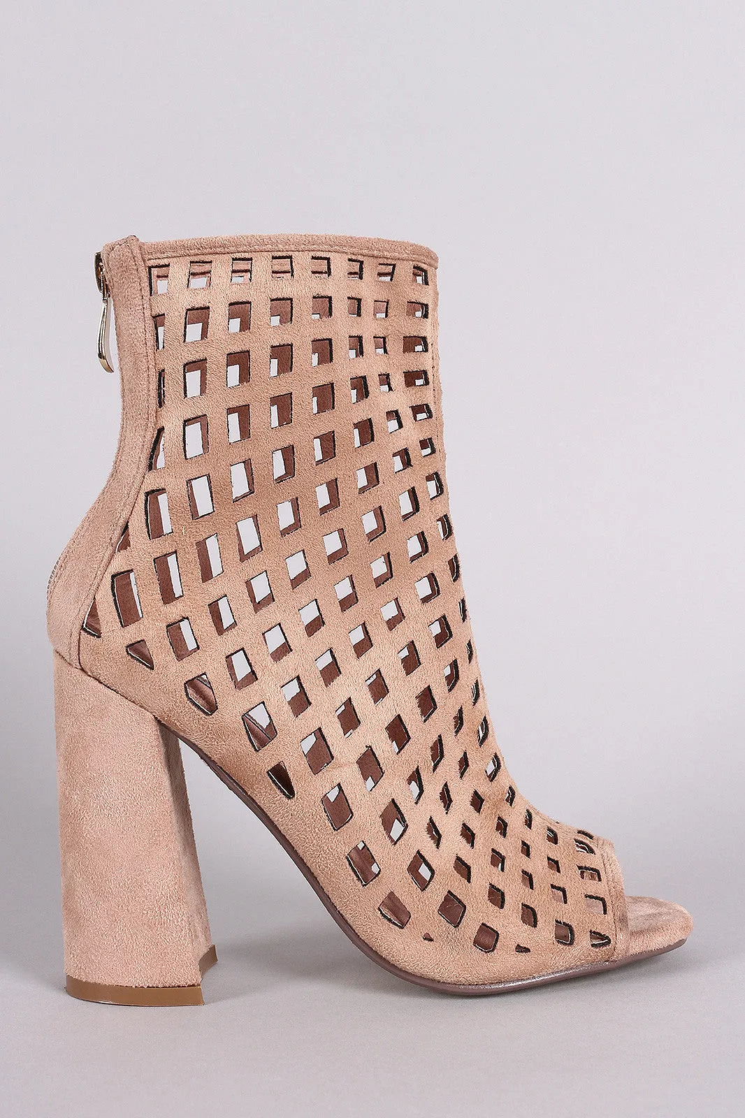 Riki - Suede Perforated Peep Toe Chunky Heeled Booties