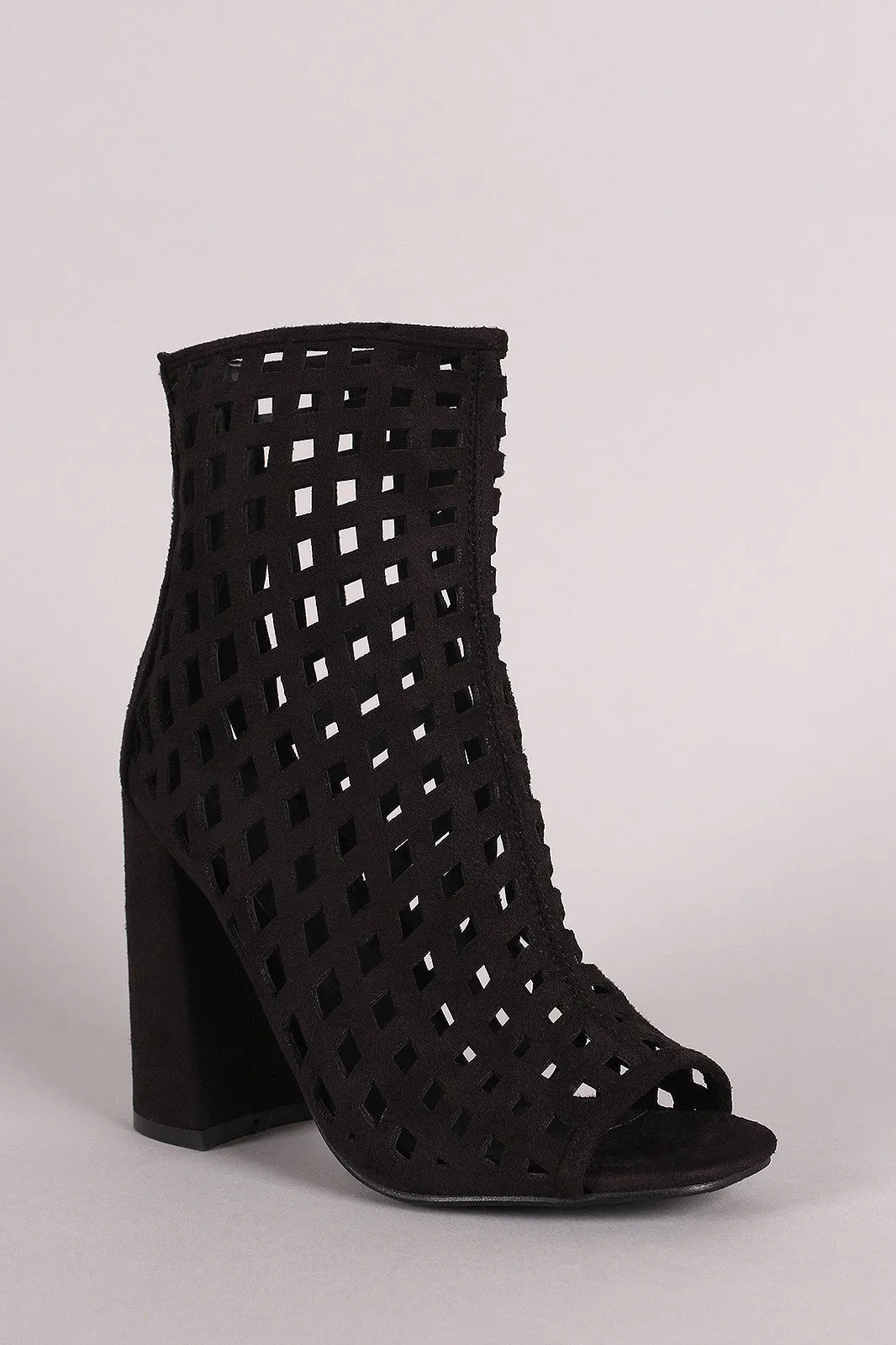 Riki - Suede Perforated Peep Toe Chunky Heeled Booties