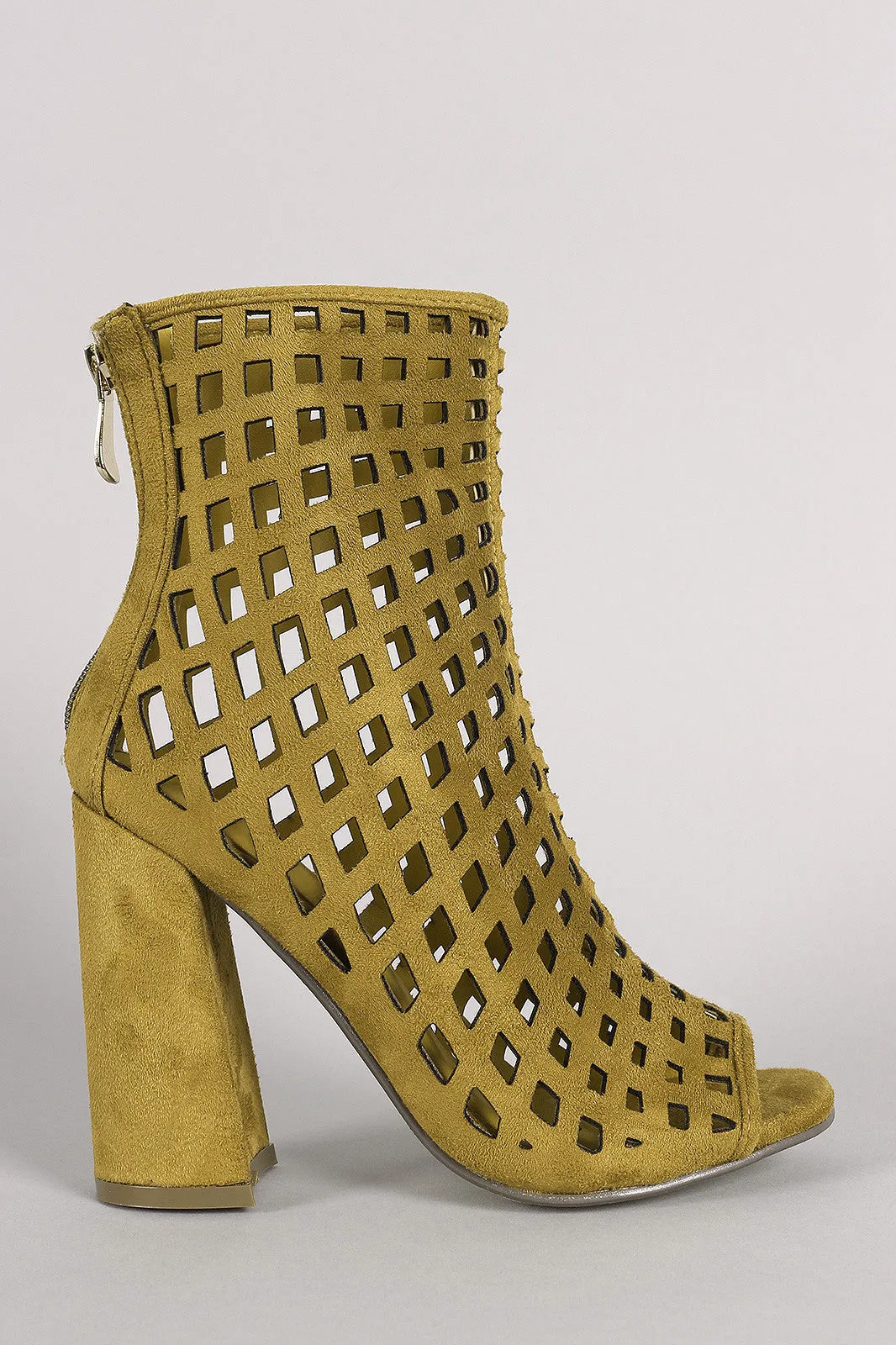 Riki - Suede Perforated Peep Toe Chunky Heeled Booties