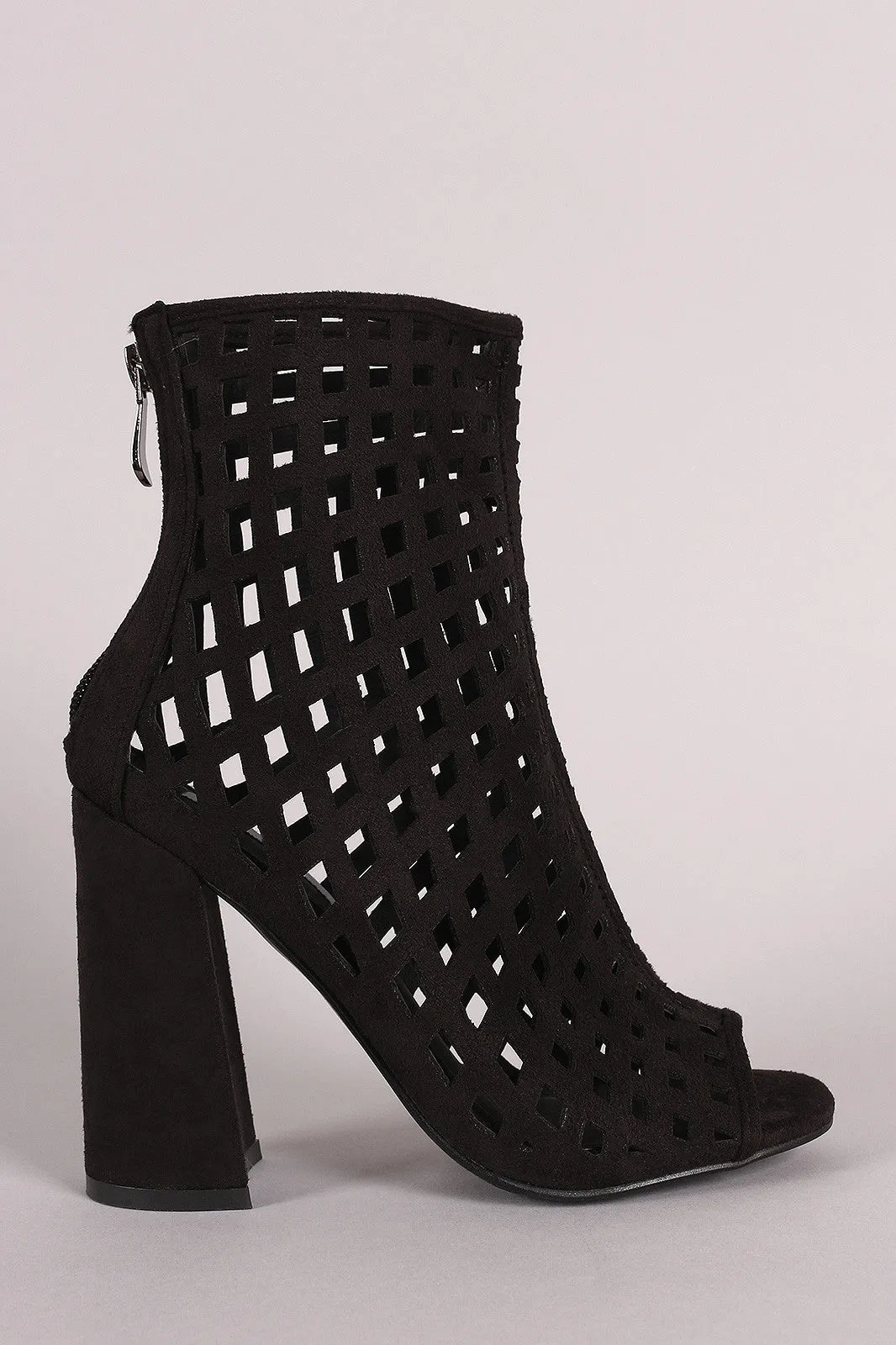 Riki - Suede Perforated Peep Toe Chunky Heeled Booties