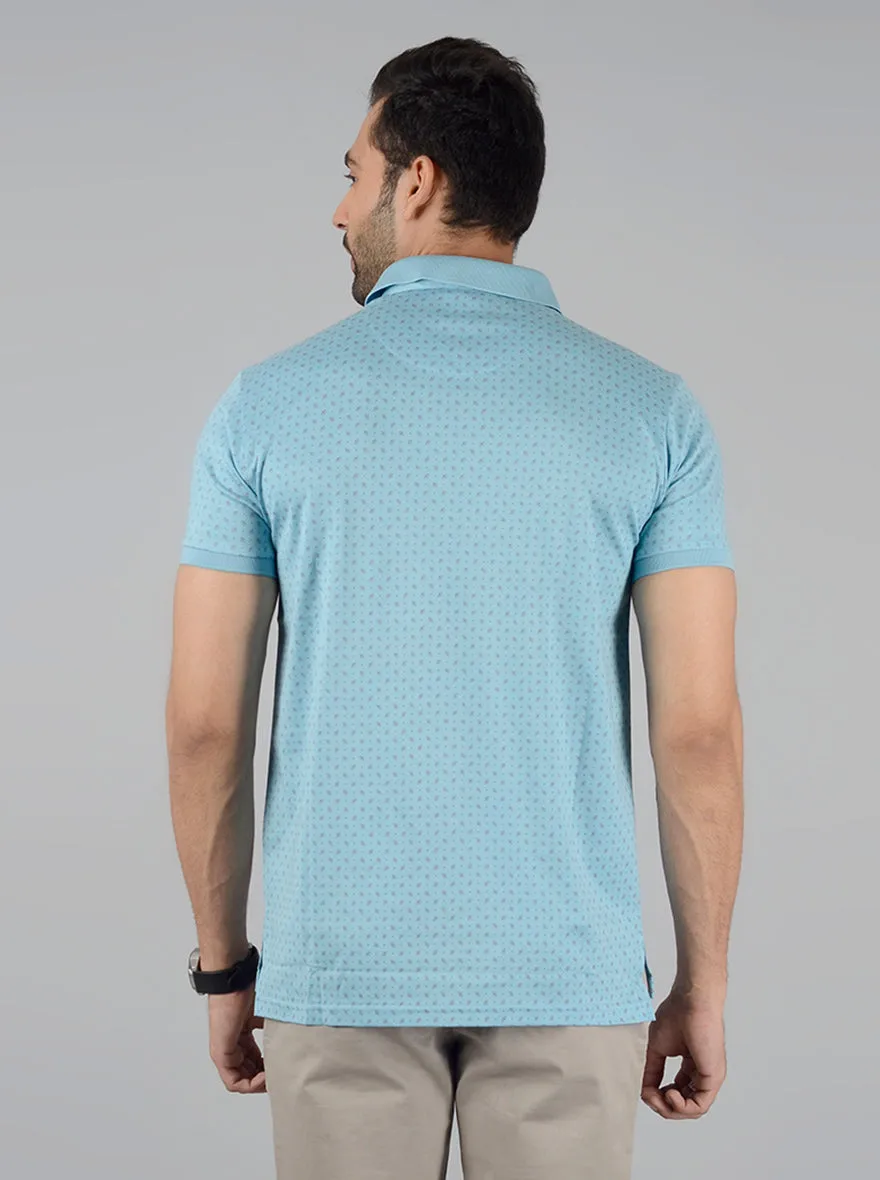 Sky Blue Printed Slim Fit Polo T-Shirt | JadeBlue