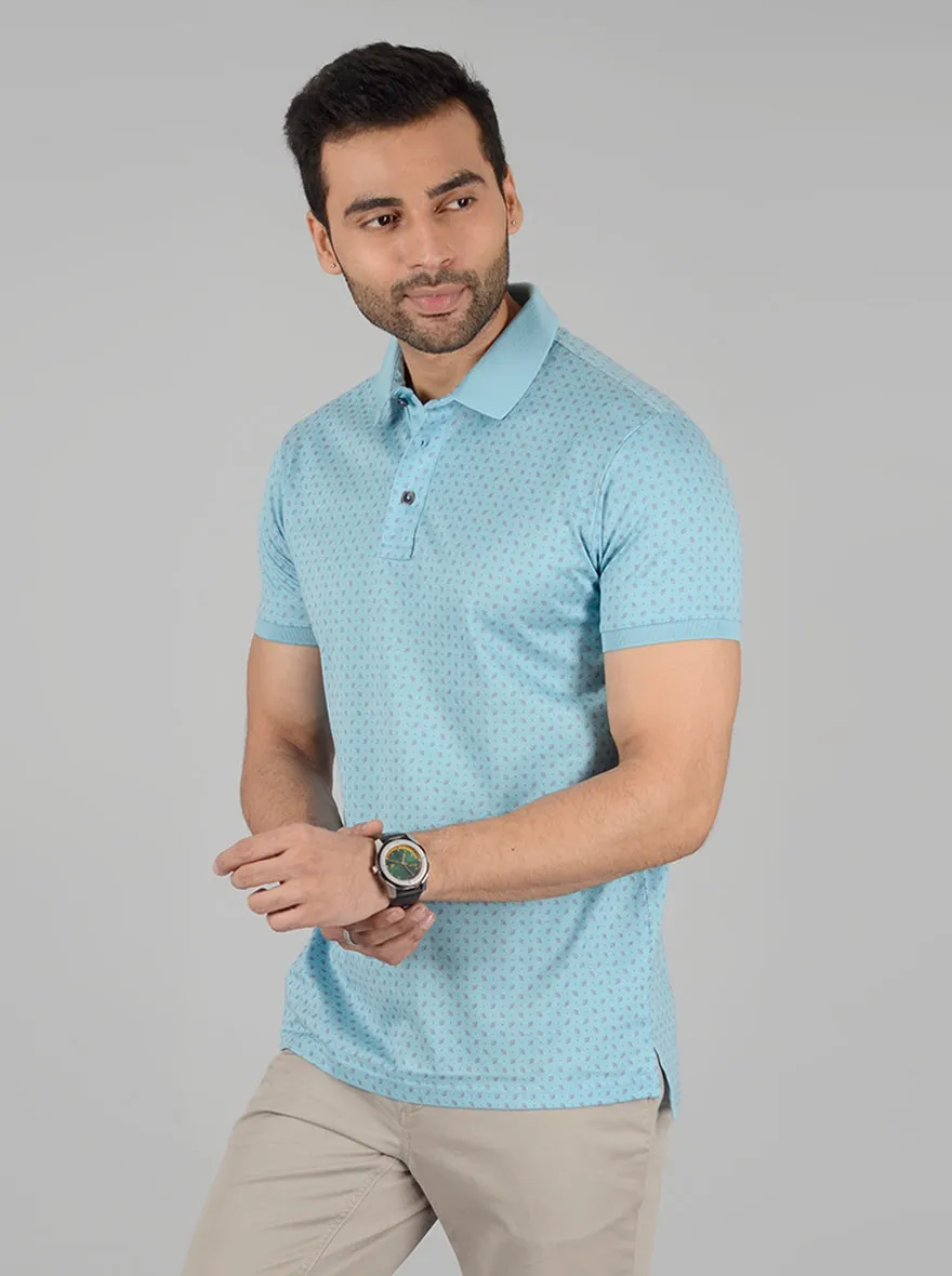 Sky Blue Printed Slim Fit Polo T-Shirt | JadeBlue