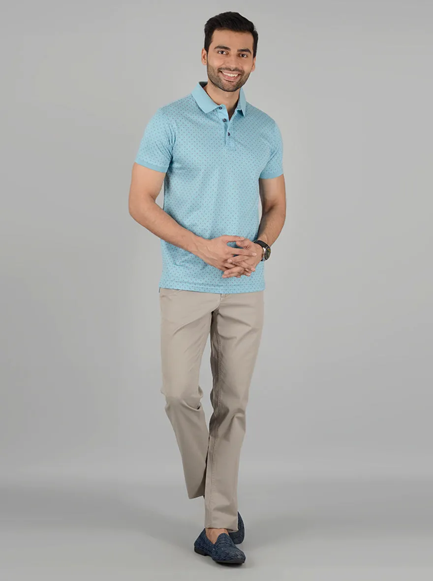 Sky Blue Printed Slim Fit Polo T-Shirt | JadeBlue