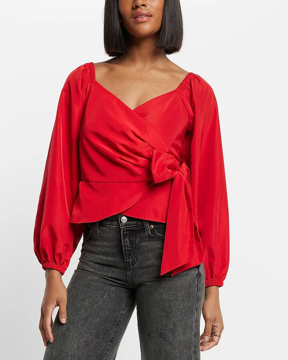 V-Neck Balloon Sleeve Wrap Tie Waist Top in Lipstick Red