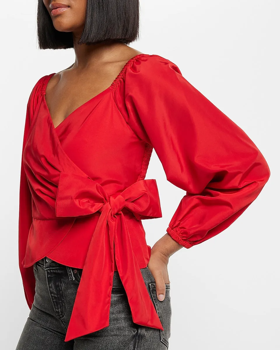 V-Neck Balloon Sleeve Wrap Tie Waist Top in Lipstick Red