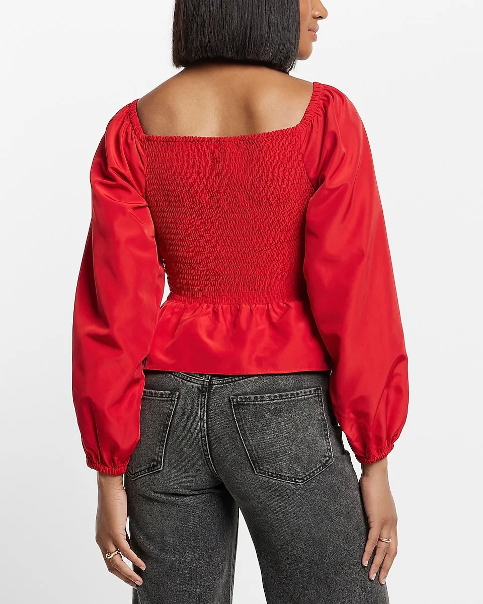 V-Neck Balloon Sleeve Wrap Tie Waist Top in Lipstick Red