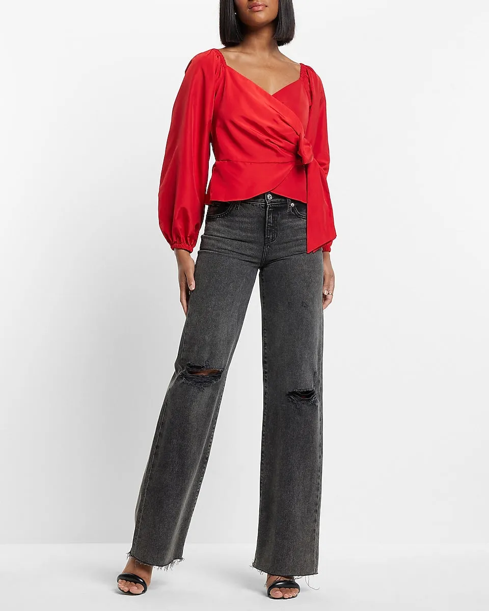 V-Neck Balloon Sleeve Wrap Tie Waist Top in Lipstick Red