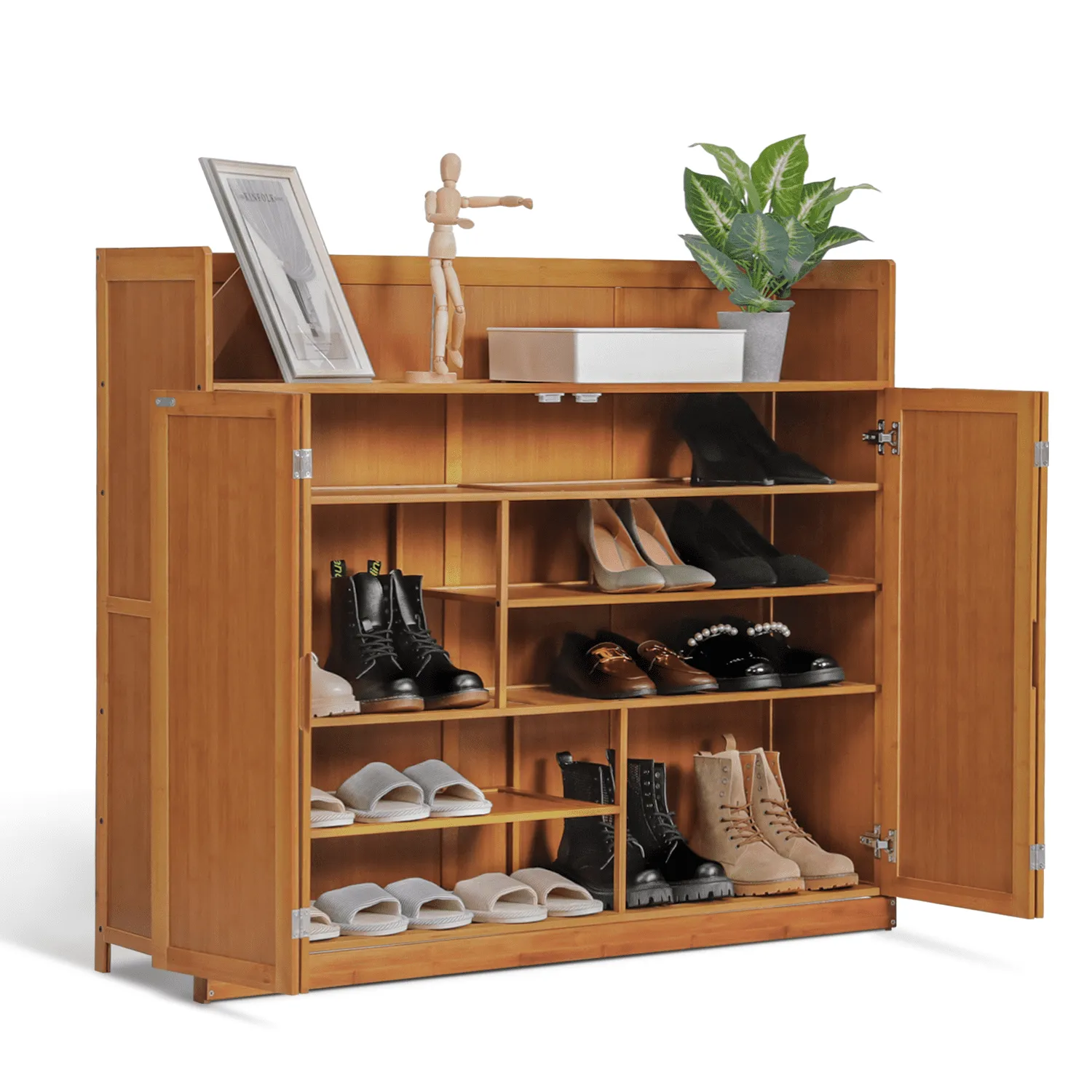 versatile Bamboo 6 Tiers Shoe Cabinet with Door, Storage 21 Pairs of Shoes, Brown Varnished, for Home