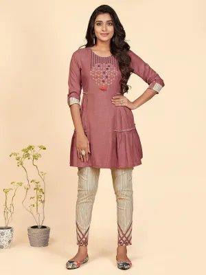 Women'S Embroidered Flared Cotton Pink Stitched Top With Pant