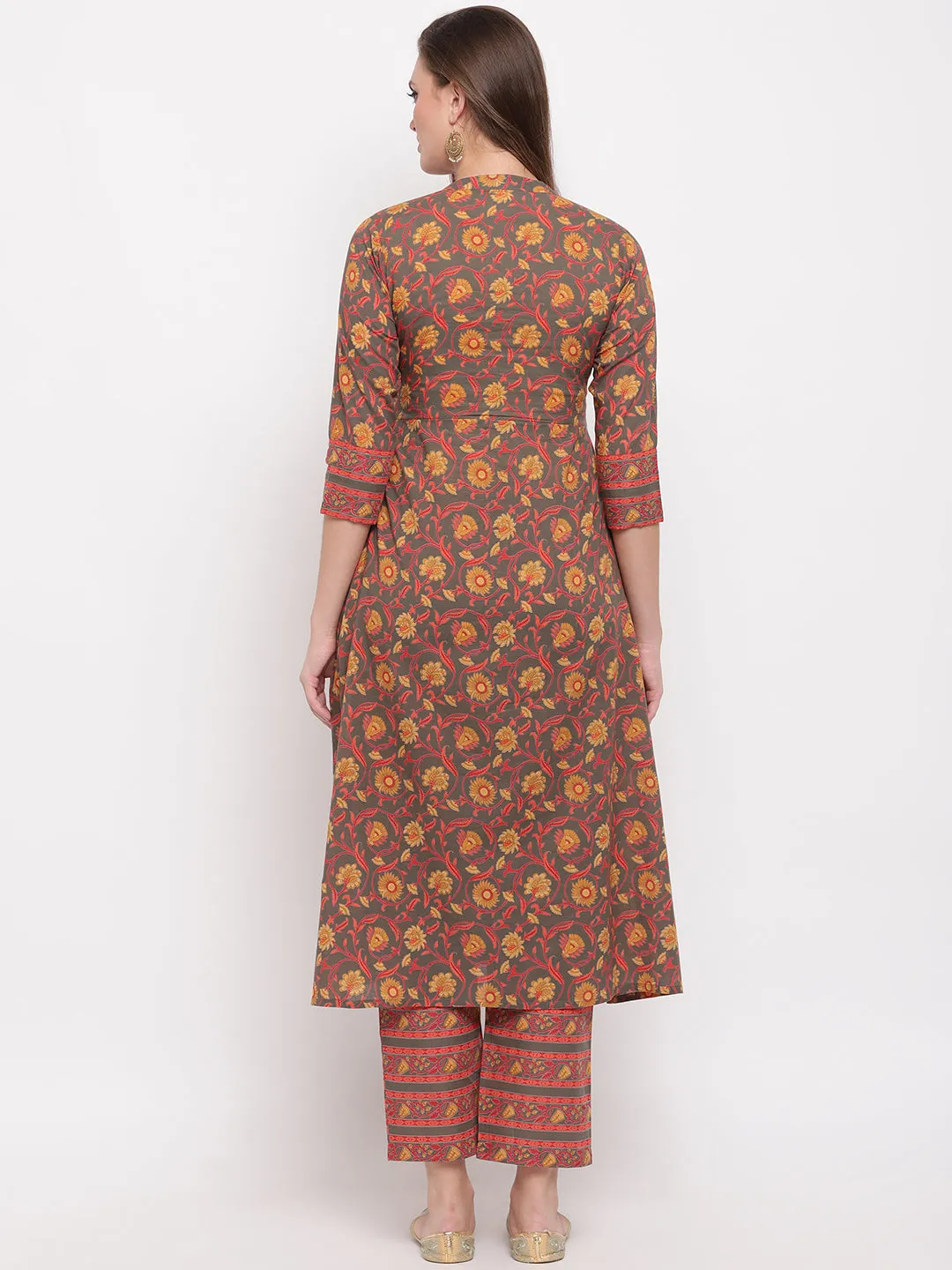 Women'S Floral Print & Hand Work Flared With Side Cut Cotton Grey Kurti