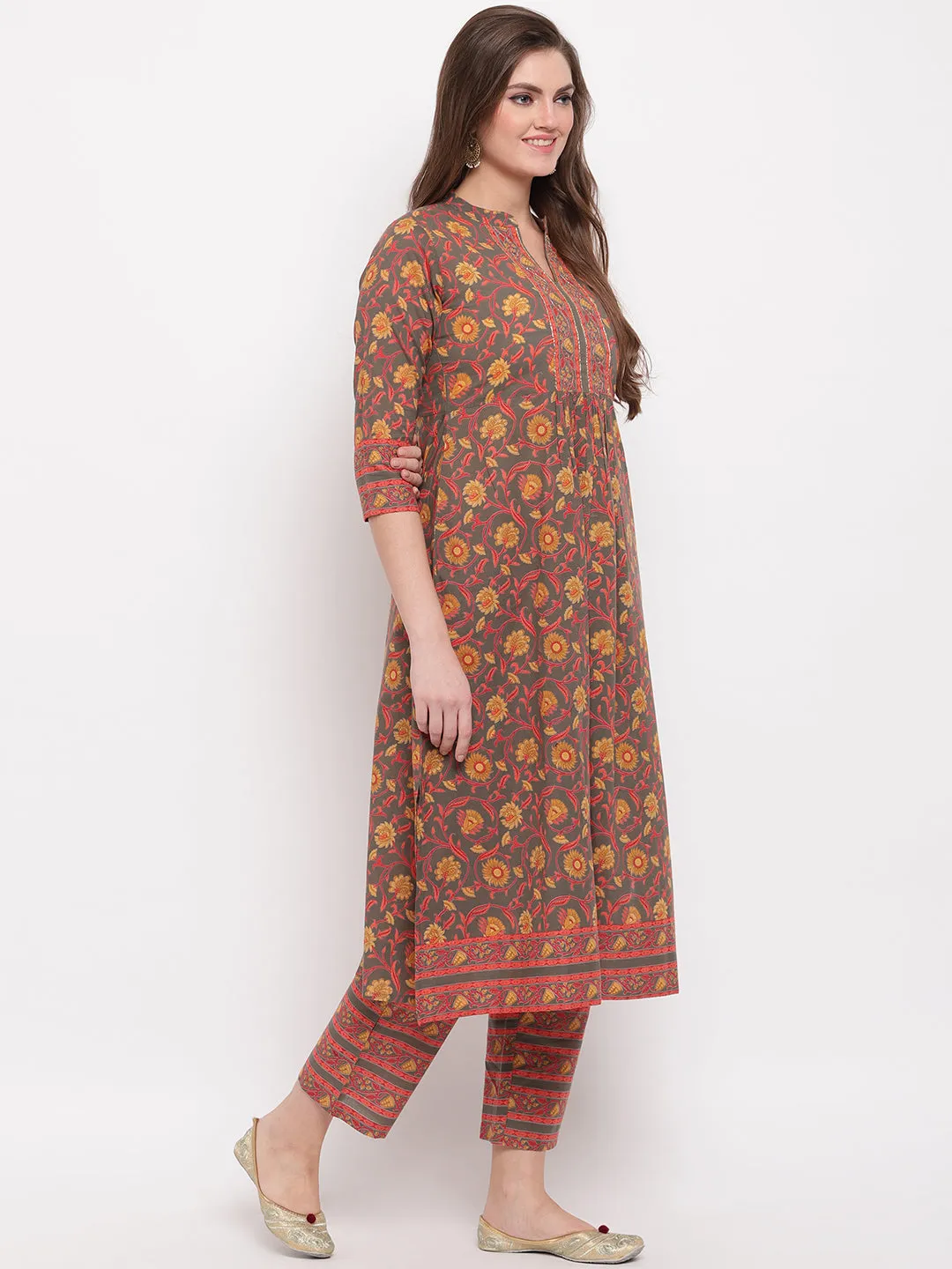 Women'S Floral Print & Hand Work Flared With Side Cut Cotton Grey Kurti