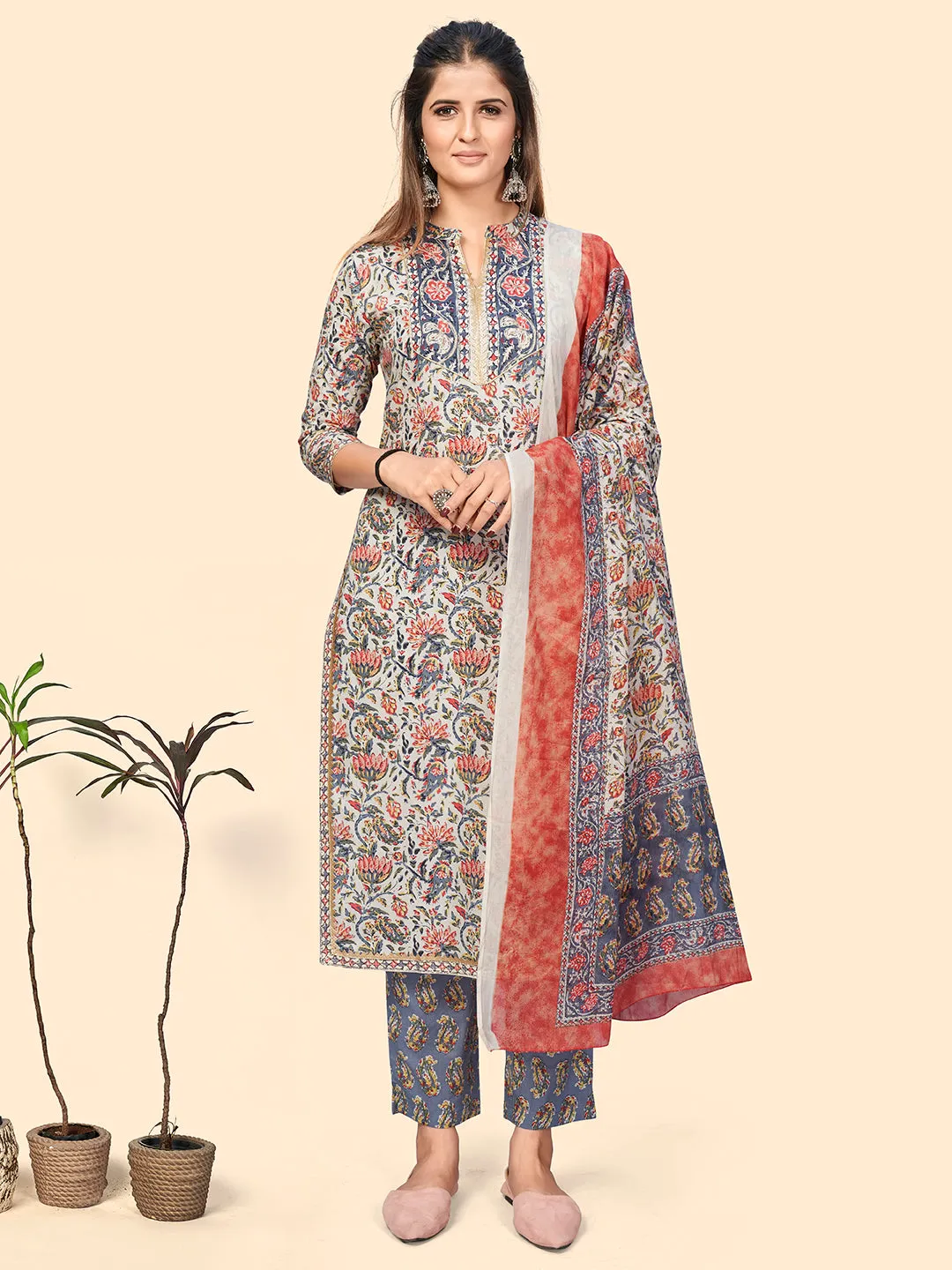 Women'S Print & Embroidered Straight Cotton Light Blue Stitched Kurta Pant With Dupatta