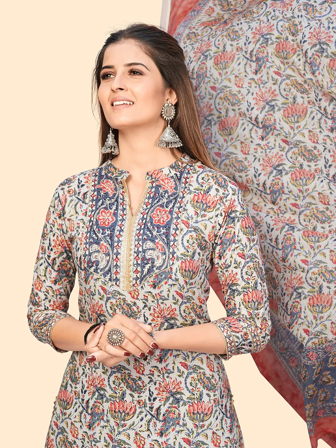 Women'S Print & Embroidered Straight Cotton Light Blue Stitched Kurta Pant With Dupatta