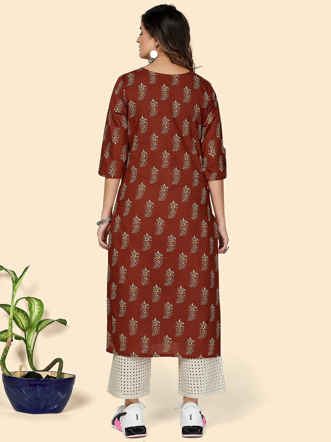 Women'S Printed & Hand Work Straight Cotton Red Stitched Kurta