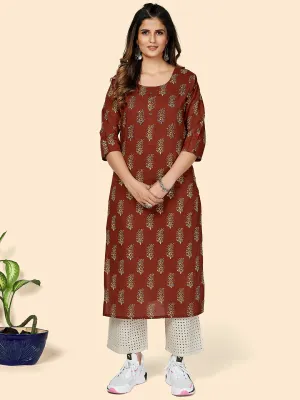 Women'S Printed & Hand Work Straight Cotton Red Stitched Kurta