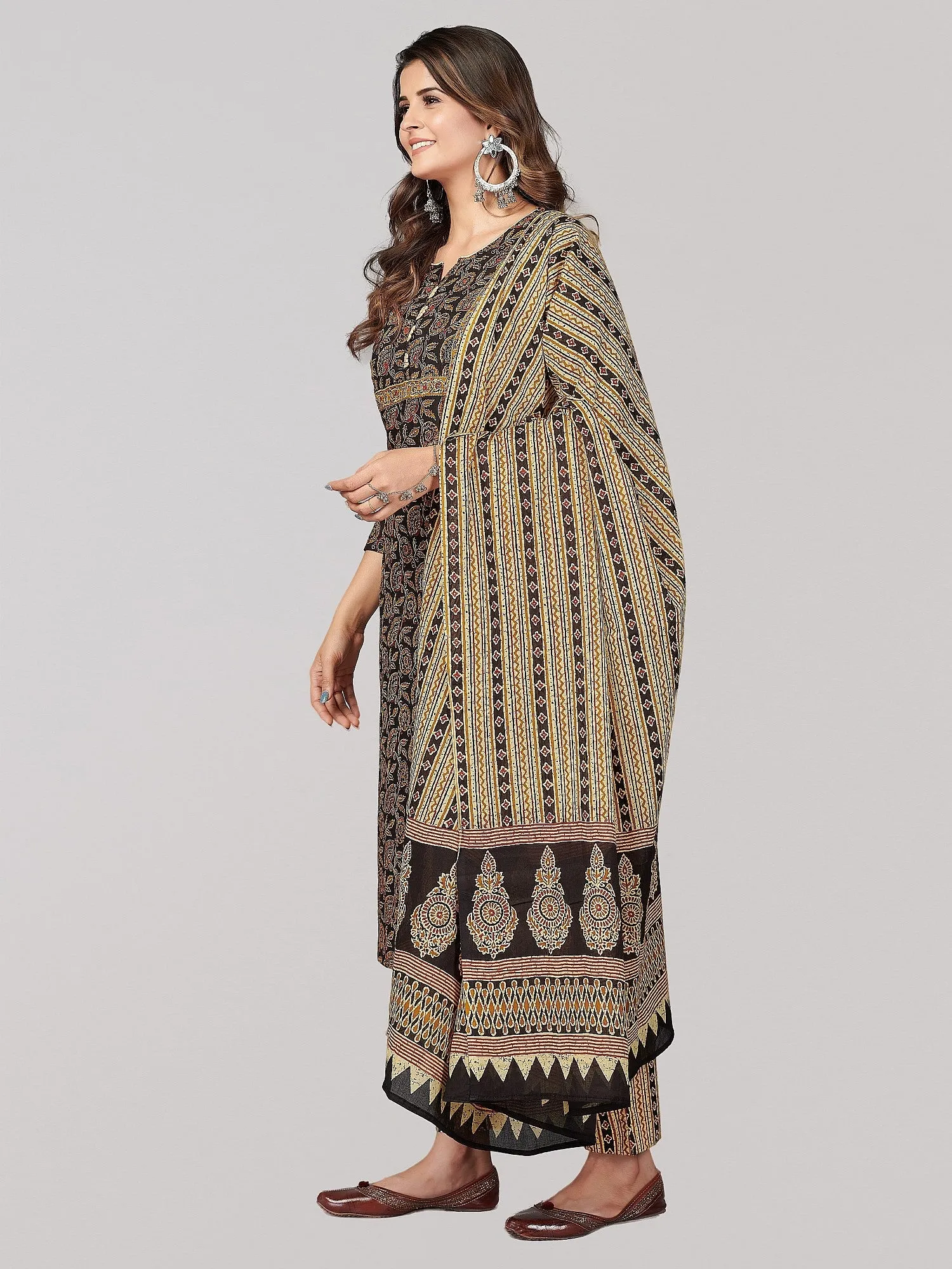 Women'S Printed & Sequence & Mirror Work Straight Cotton Black Stitched Kurta Pant With Dupatta