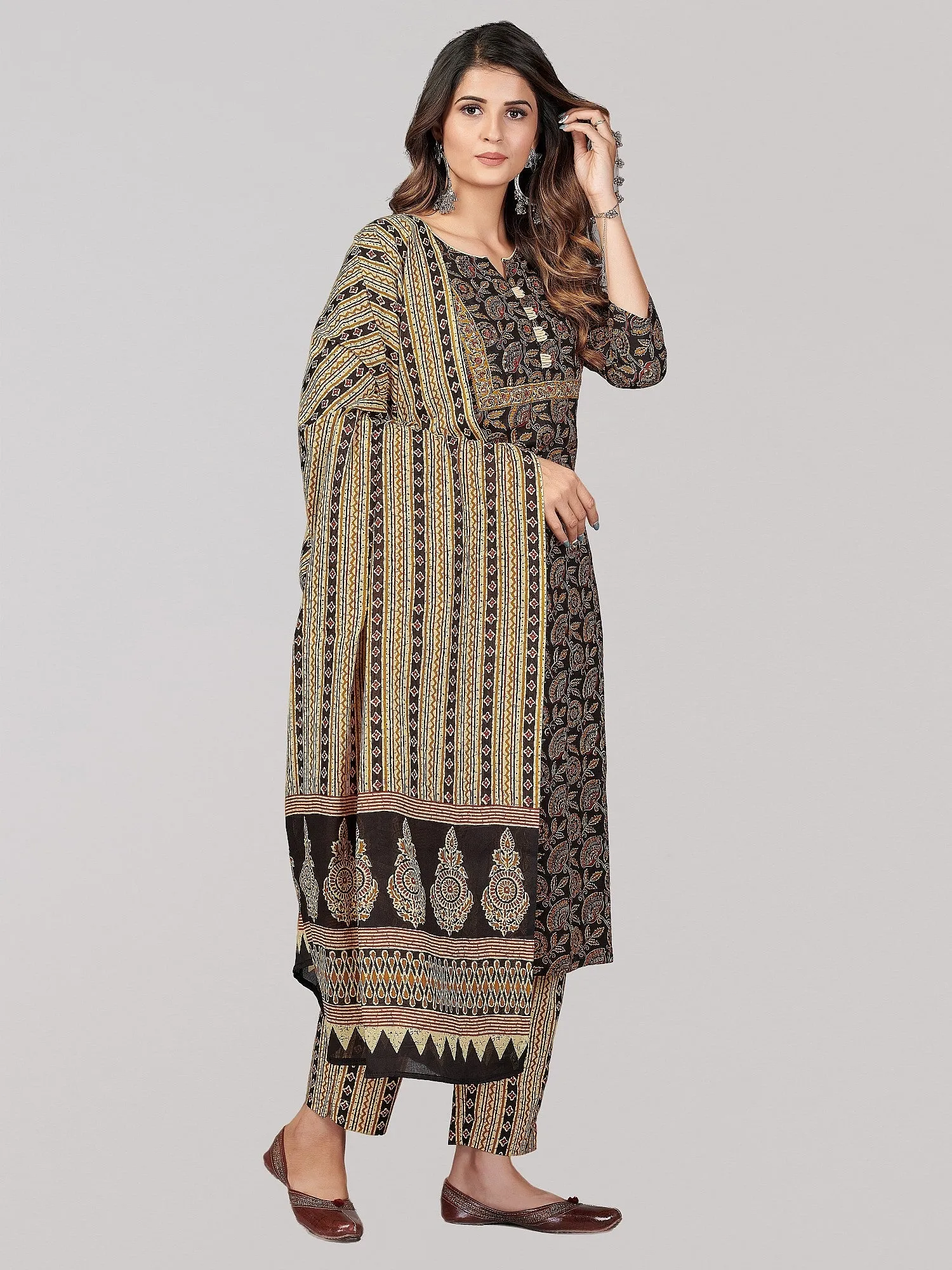 Women'S Printed & Sequence & Mirror Work Straight Cotton Black Stitched Kurta Pant With Dupatta