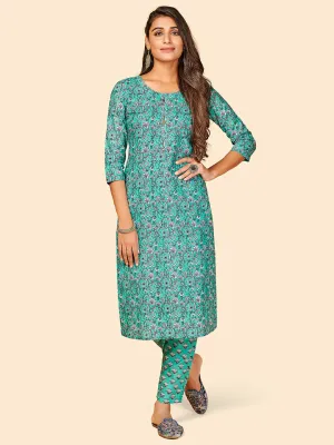 Women'S Printed Straight Cotton Turquoise Stitched Kurta With Pant