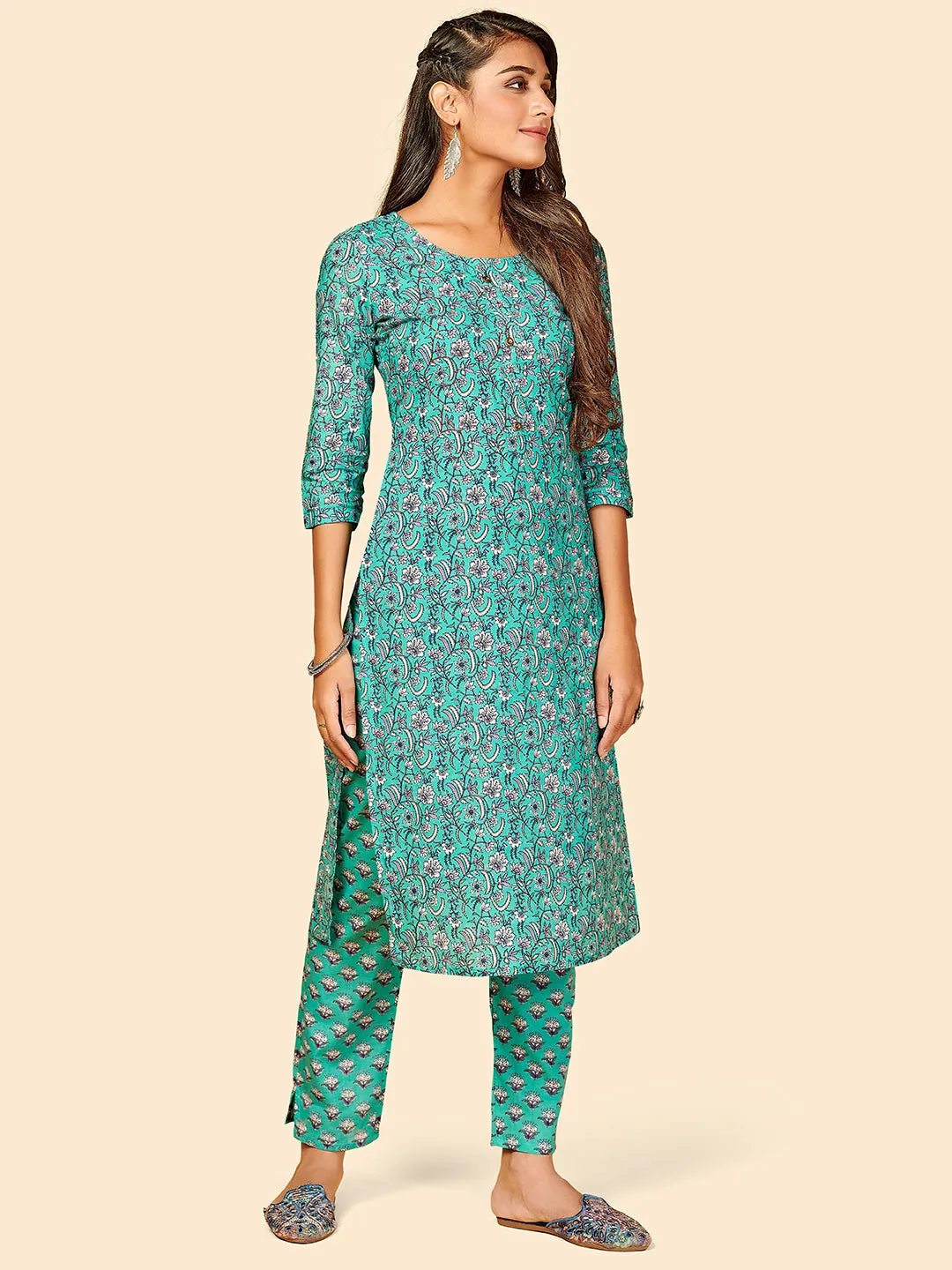 Women'S Printed Straight Cotton Turquoise Stitched Kurta With Pant