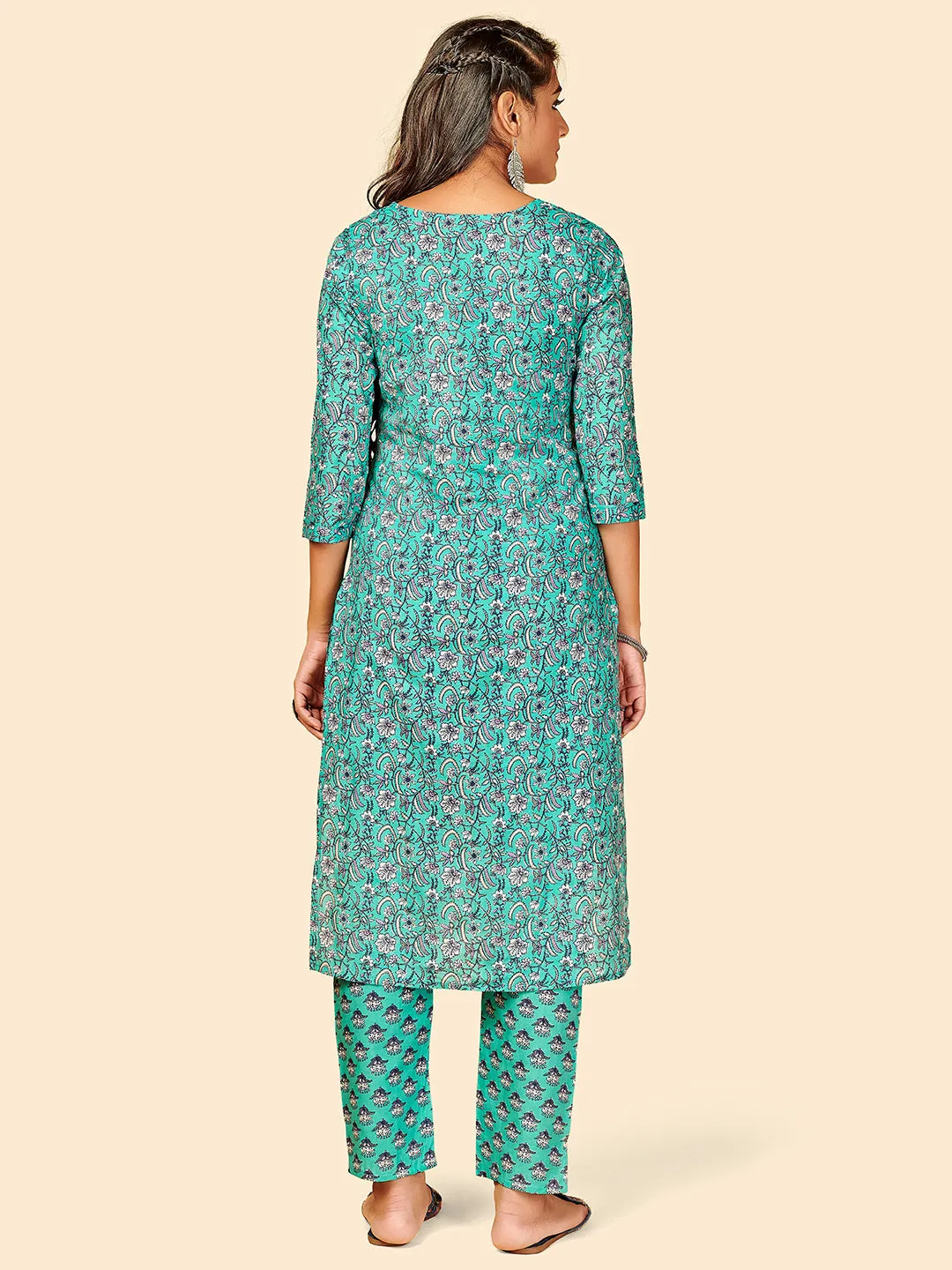 Women'S Printed Straight Cotton Turquoise Stitched Kurta With Pant